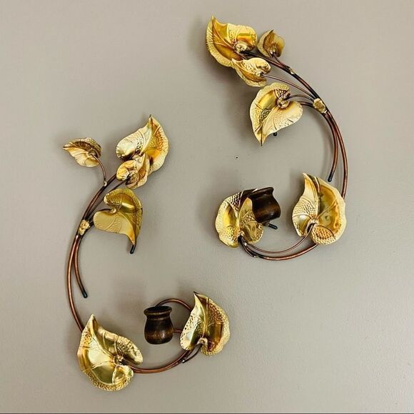 Mid Century Metal Leaf Candle Sconces Wall Decor - Picture 2 of 10
